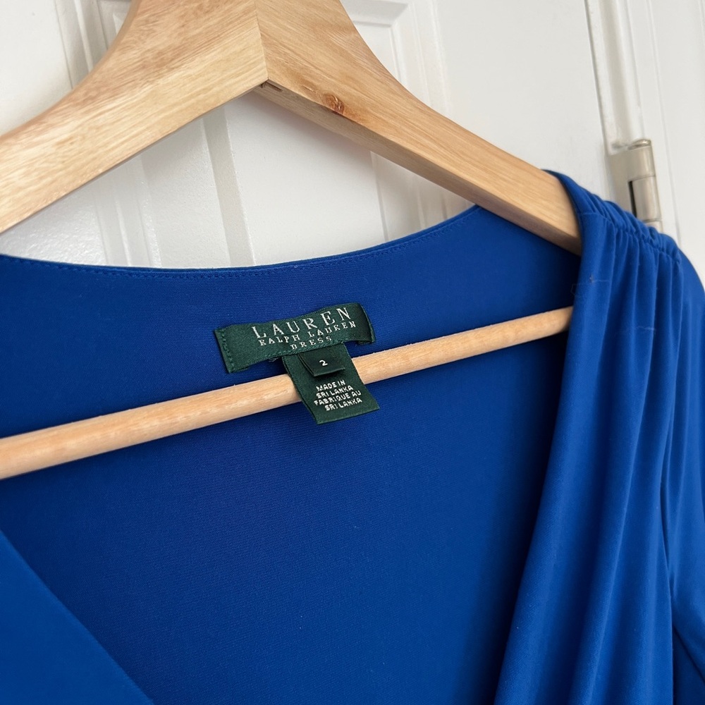 Ralph Lauren Cobalt Blue V-Neck Ruched Midi Dress Size 2 Cocktail Party Slimming - Picture 2 of 7